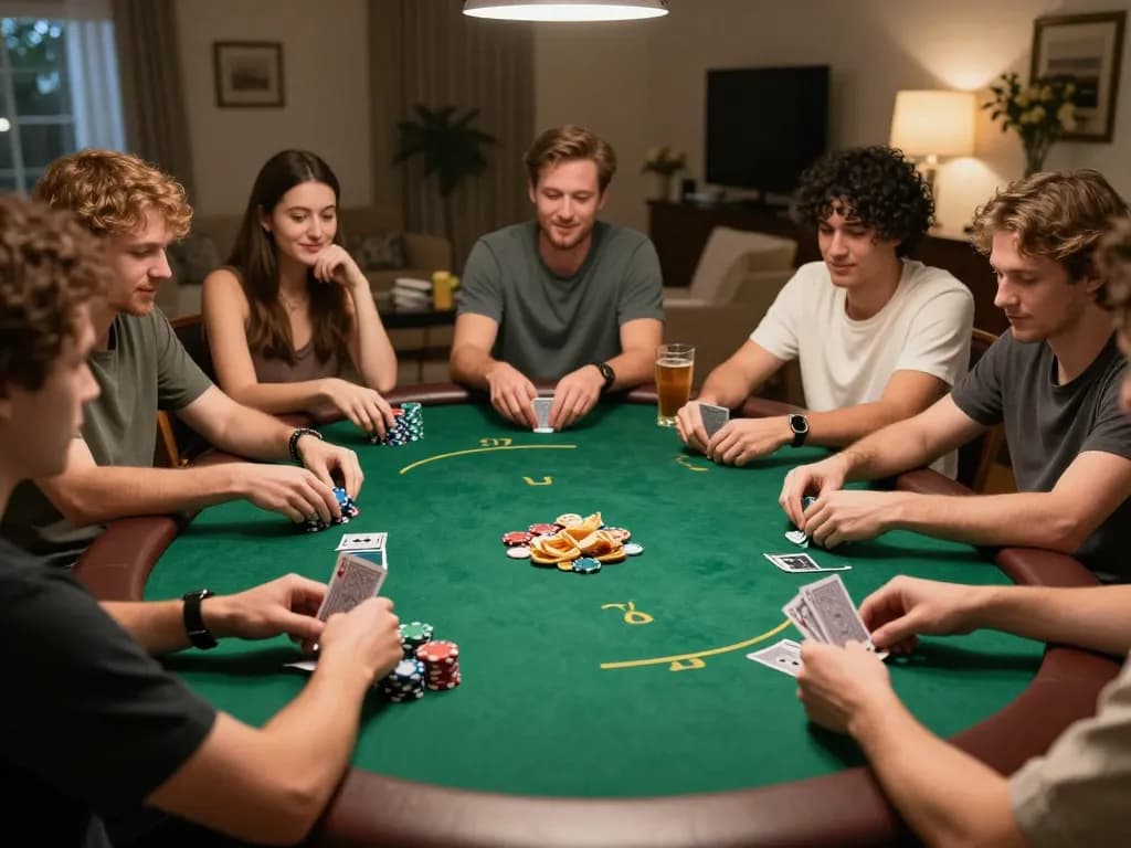 Players enjoying a thrilling poker night at home, showcasing the exciting qq8827 atmosphere with chips and cards.