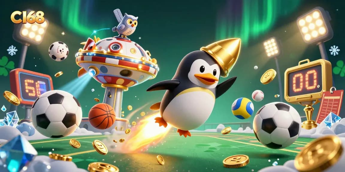Experience the thrill of C168 as the golden penguin races through a lively casino space.