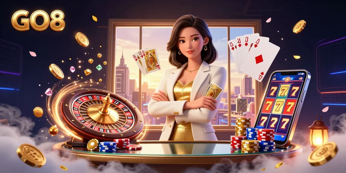 Experience the thrill of GO8 casino games featuring a glamorous dealer and vibrant gaming elements.