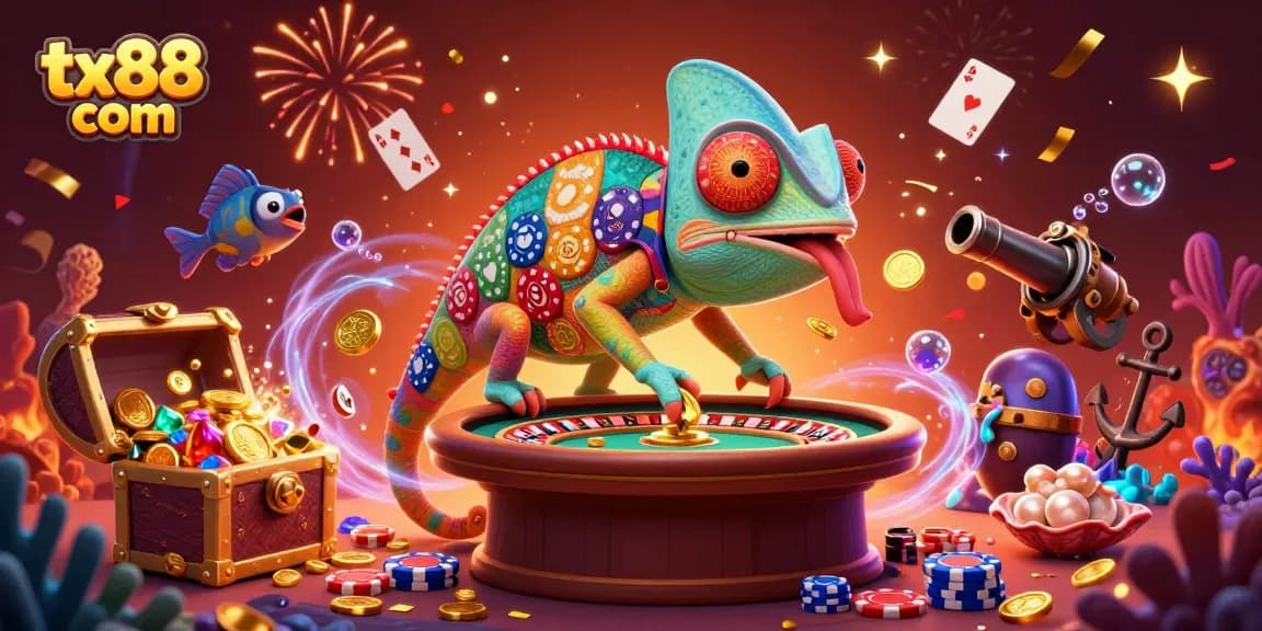 Experience excitement at tx88 com with vibrant casino games and the playful chameleon owner.