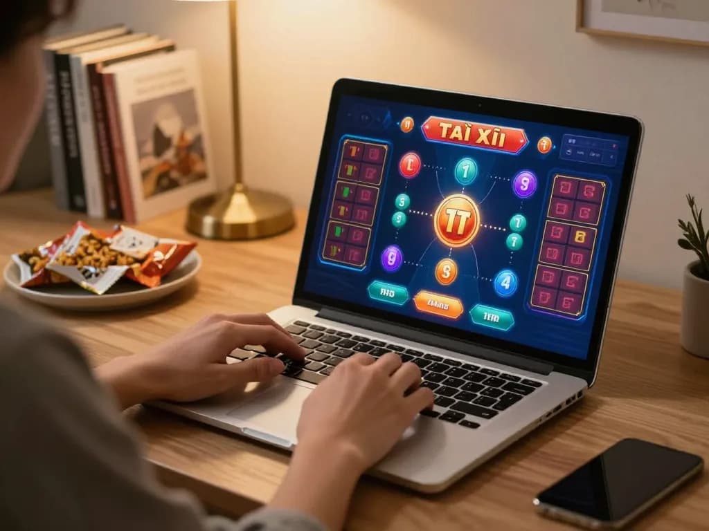 Engaging Tài Xỉu gameplay screen on taixiuvn, showing a cozy home casino atmosphere with a laptop.