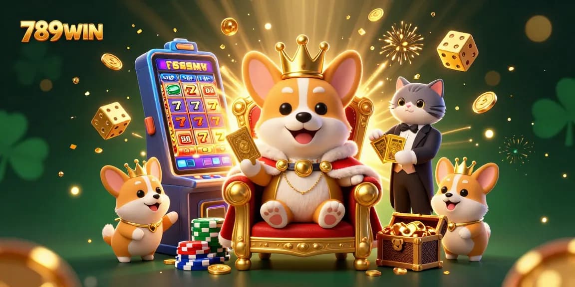 Engaging colorful scene illustrating 789WIN with a royal corgi and cat butler amidst casino excitement.