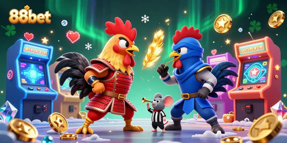 Experience a thrilling standoff with 88bet's cartoon roosters amidst a vibrant casino scene.