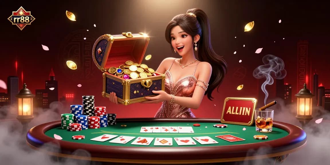 Experience thrilling moments at rr88 with a stunning casino scene featuring gold treasures and vibrant poker elements.