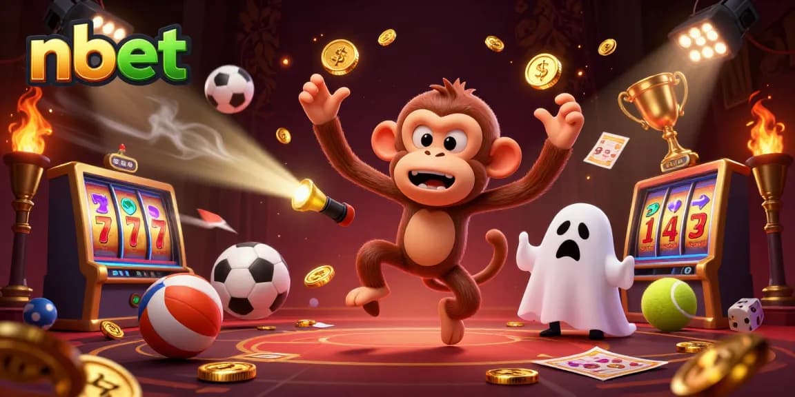 Engage with nbet's dynamic haunted casino scene featuring a mischievous monkey and ghost-hunter puppy.