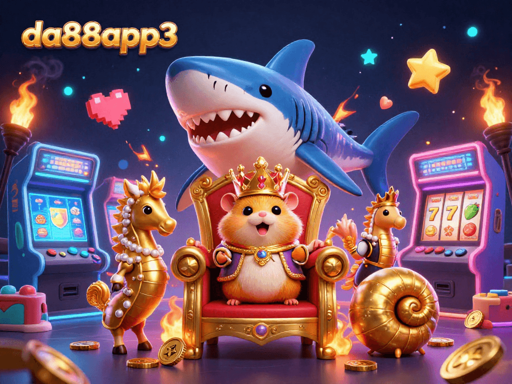 Join the fun at da88app3 with a stunning 3D scene of a hamster king and dazzling casino elements.