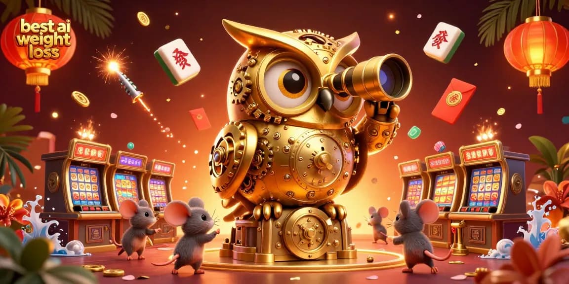 Experience the best ai weight loss strategies with engaging casino-themed artwork featuring a golden owl and tiny mouse patrons.