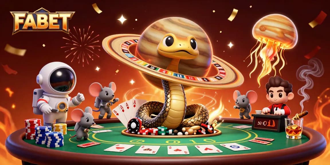 Join FABET's thrilling bets with 3D characters and cosmic casino elements in an engaging scene.