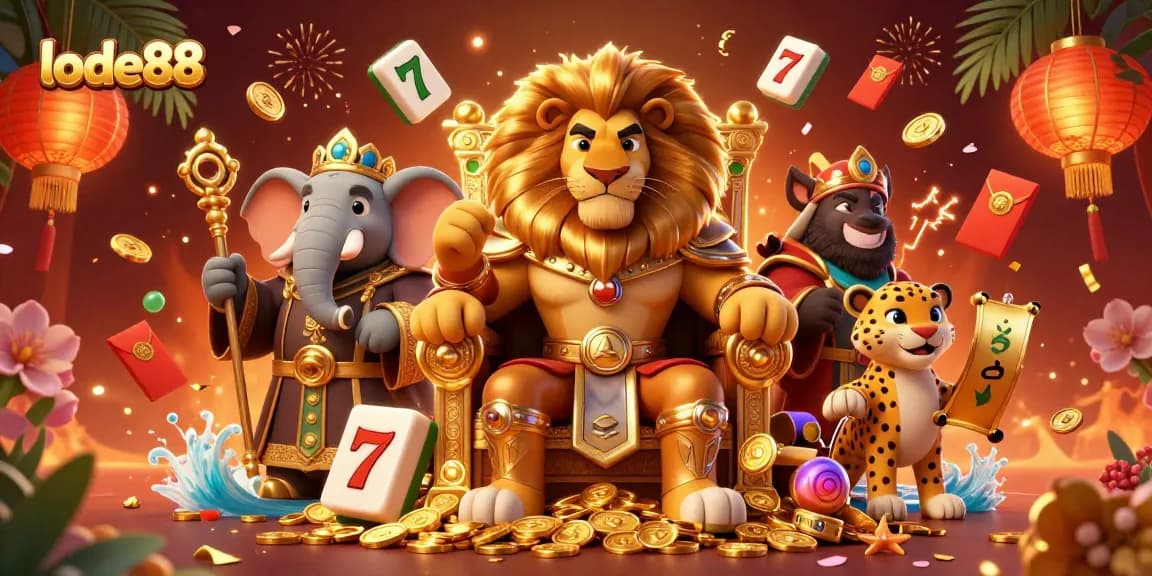 Lode88 offers thrilling slot adventures with a lion king and dynamic casino elements.