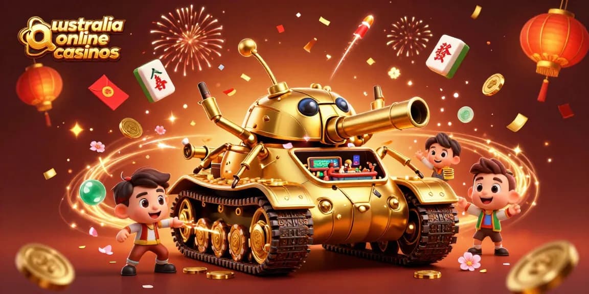 Experience excitement at australia online casinos with a fantastic 3D tank casino surrounded by festive elements.