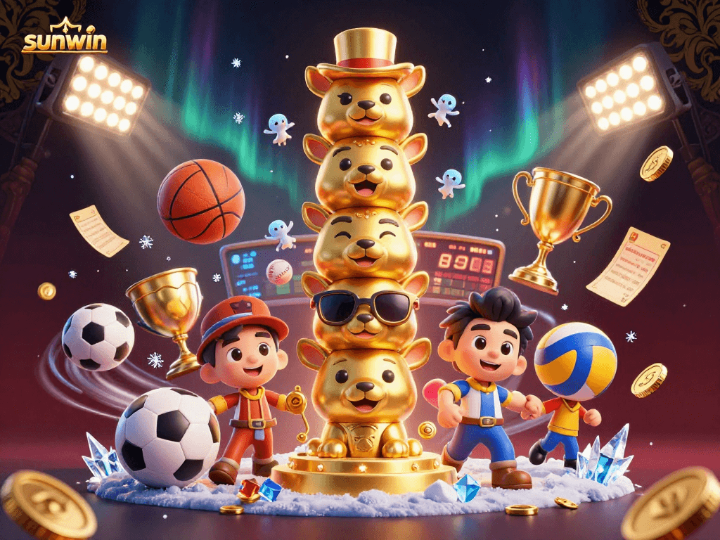 Engage with the vibrant sunwin casino scene featuring dynamic sports elements and a lively golden totem.