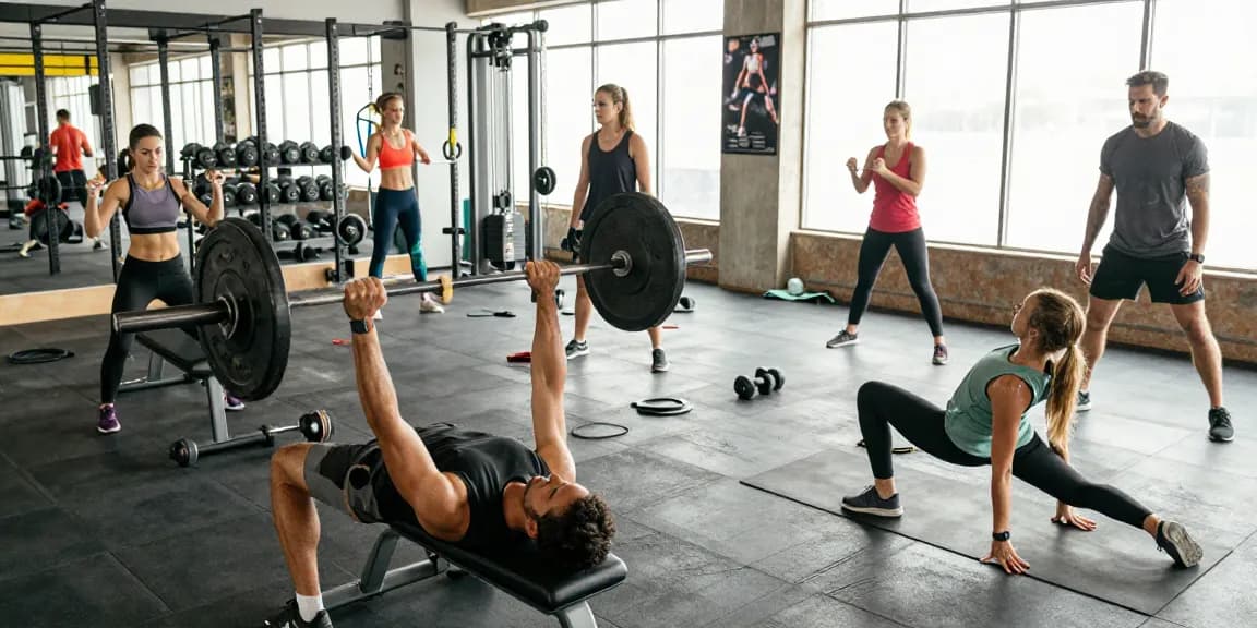 Entrenamiento en Esteroidesshop: gimnasio moderno con grupo realizando ejercicios intensos.