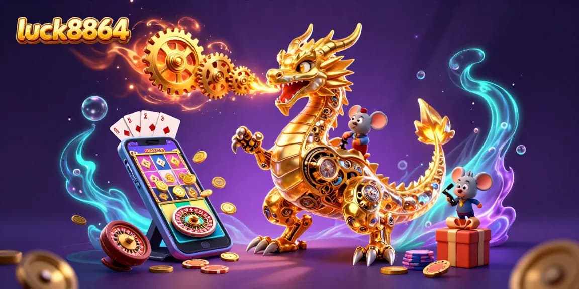 Experience thrilling wins at luck8864 with a vibrant 3D casino scene featuring a golden dragon and dynamic game elements.