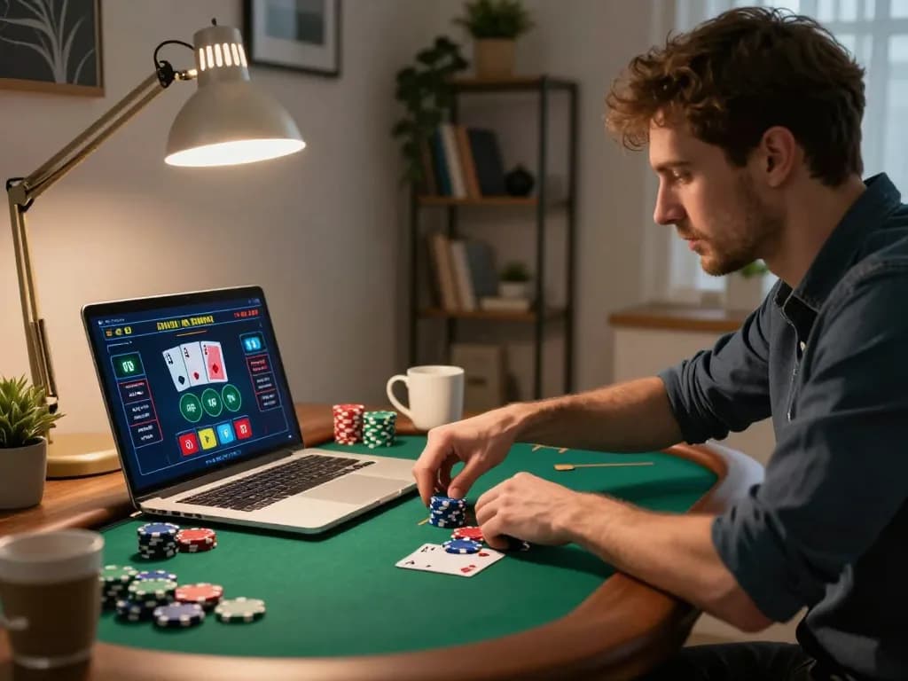 88bet player placing a bet in an intense online poker game at a home office.
