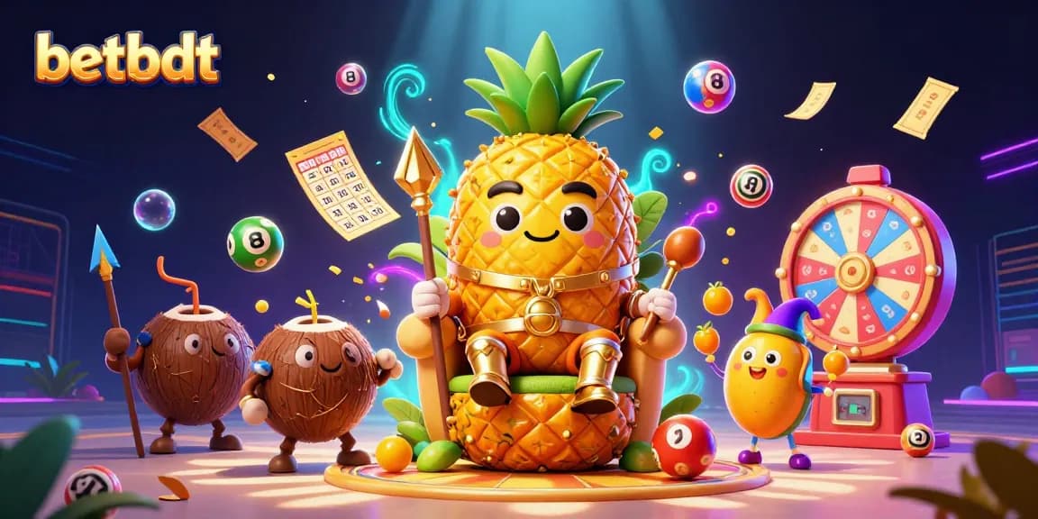 Engage with betbdt in this vibrant 3D casino scene featuring a golden pineapple king and colorful lottery elements.