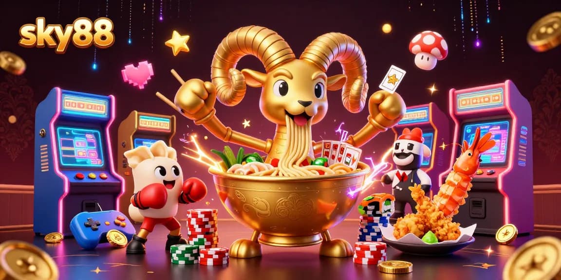 Experience the excitement of sky88 with a vibrant 3D casino scene featuring a golden ramen bowl dealer and more.