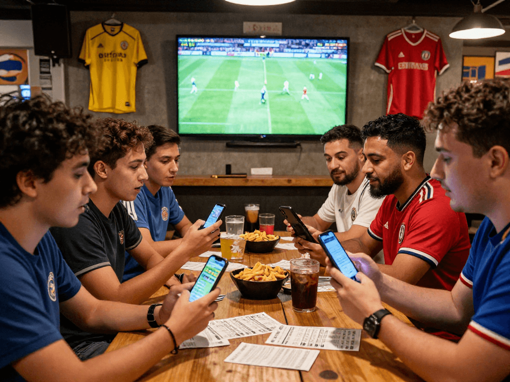 Fussball Wetten ohne Oasis in einer lebhaften Sportsbar mit Fans, die Strategien besprechen und ihre Mobilgeräte nutzen.