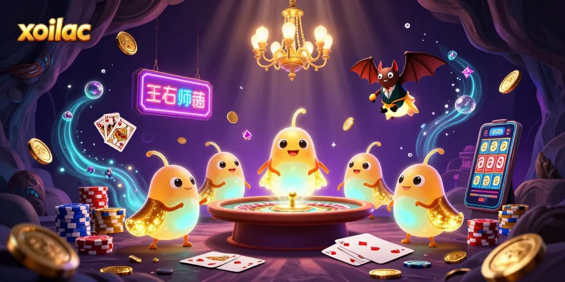 Xoilac illuminates an exciting cave casino with glowing elements and vibrant gambling action.