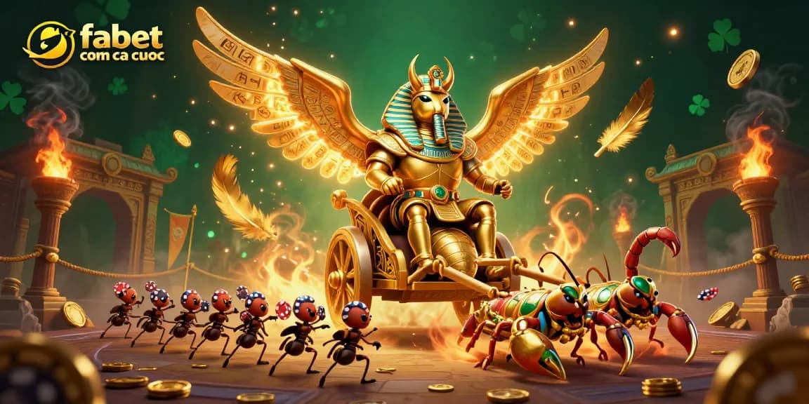 Experience the thrill of fabet com ca cuoc with dynamic scenes featuring a golden scarab and poker chips.