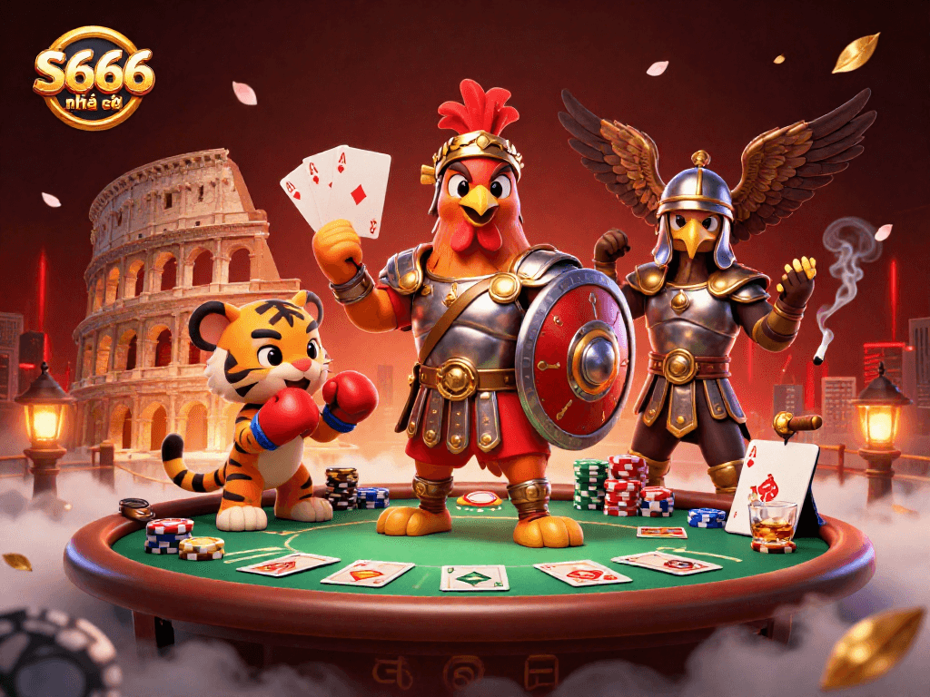 S666 nhà cái showcases a dynamic poker scene with charming characters and gaming elements, highlighting lively casino action.