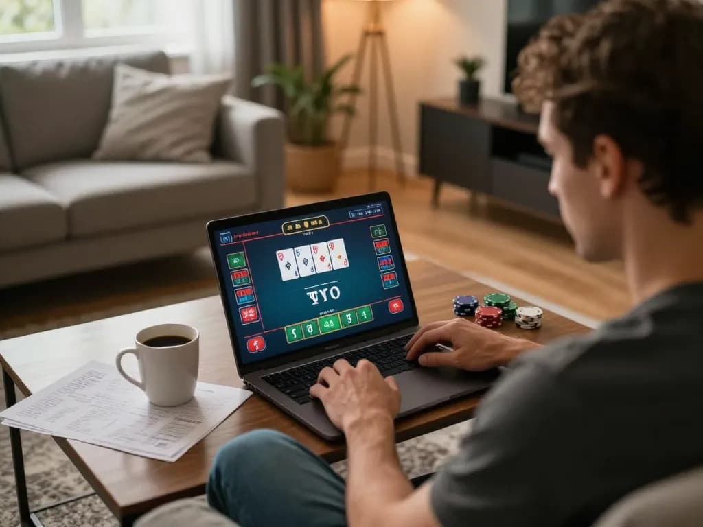 Engaging in xx88 online poker game from a cozy living room setup with strategic notes on the table