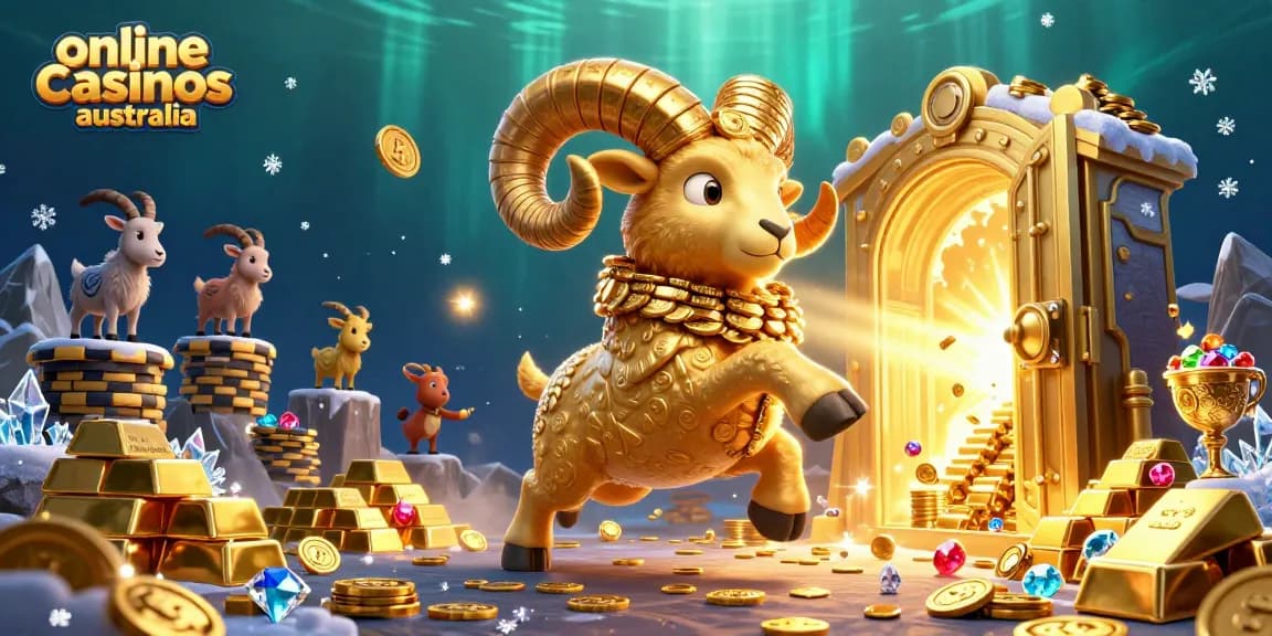 Engage with the exciting realm of online casinos Australia featuring a golden ram amidst treasures.