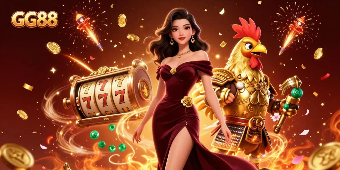 Spin the reels in style with GG88's vibrant casino illustration showcasing exciting game elements.