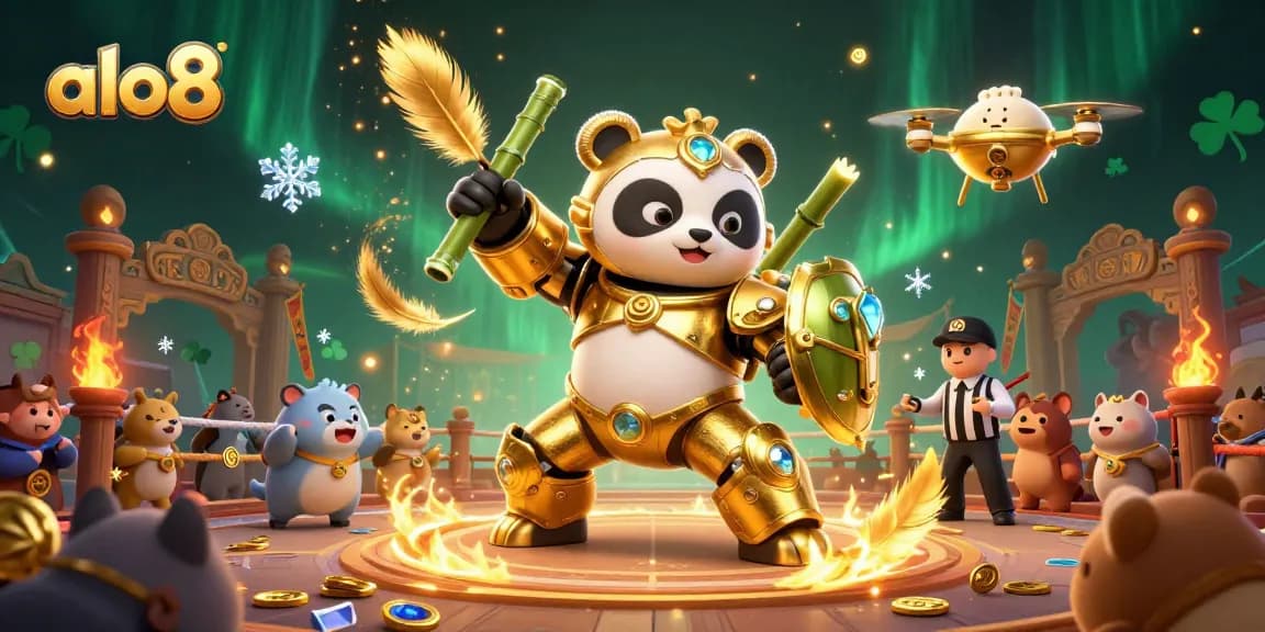 Experience thrilling gaming with alo8 in a vibrant arena, featuring a golden panda robot.