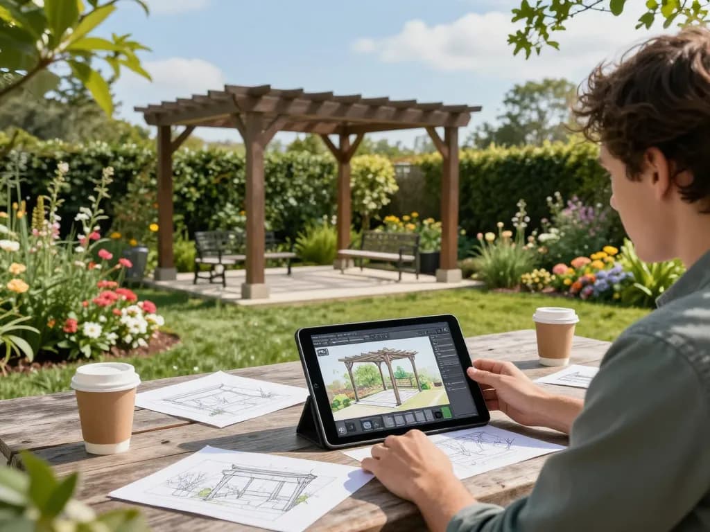 Configurador interactivo de pérgolas 3D en un espacio de trabajo de diseño al aire libre, mostrando vegetación exuberante y elementos colaborativos.
