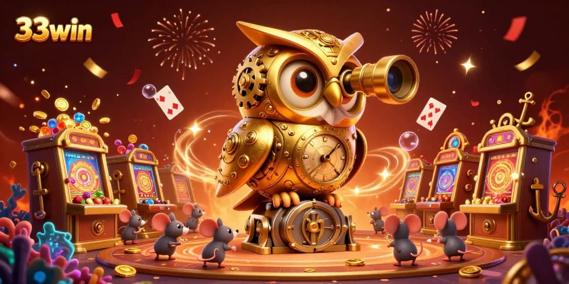 Experience the thrilling casino world of 33win with a clockwork owl and whimsical mice amidst gold coins and playing cards.