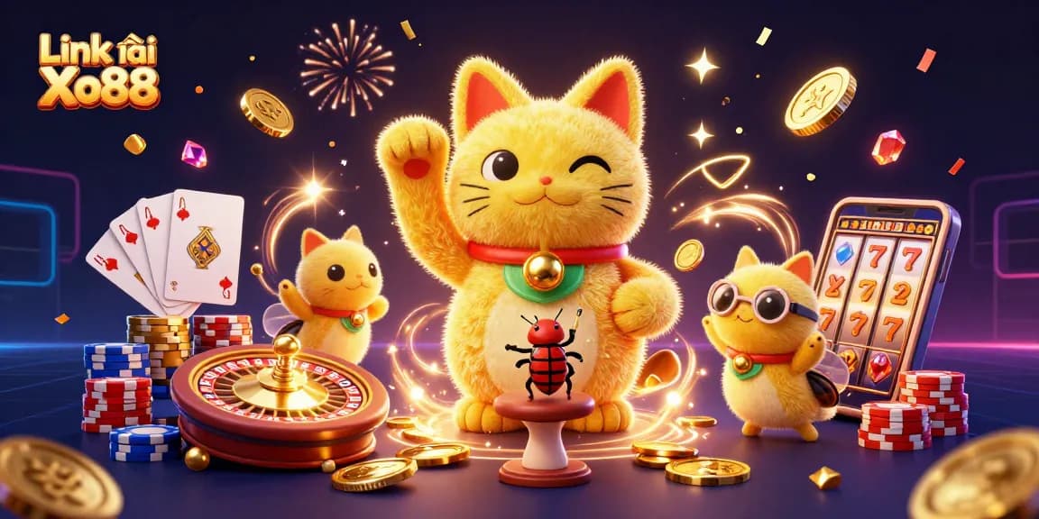 Link vào Xo88 showcases a vibrant casino scene with a lucky cat and dynamic gaming elements.