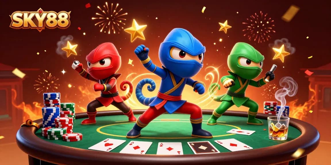 Engage in fun at SKY88 with ninja chameleons showcasing poker skills amid vibrant casino action.