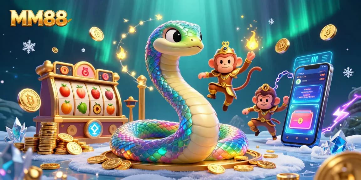 Engage with MM88 casino, featuring a vibrant scene of playful characters across thrilling slot games.