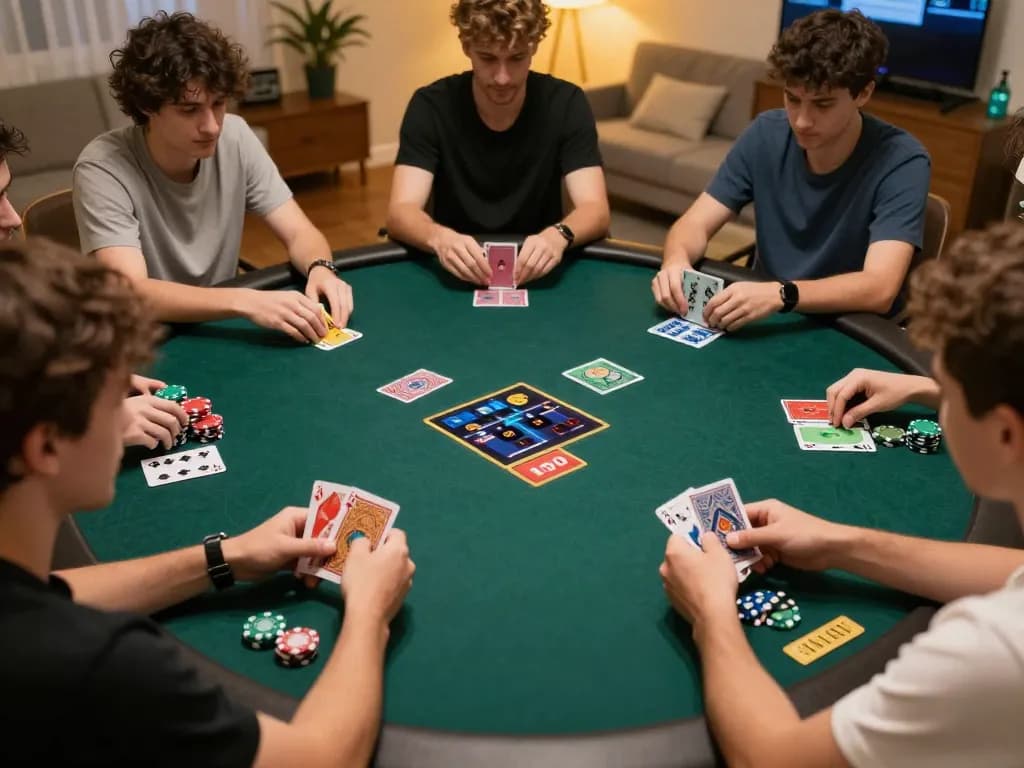 Players engaging in a strategic online poker game at MM88, showcasing cards and betting options in a cozy home environment.