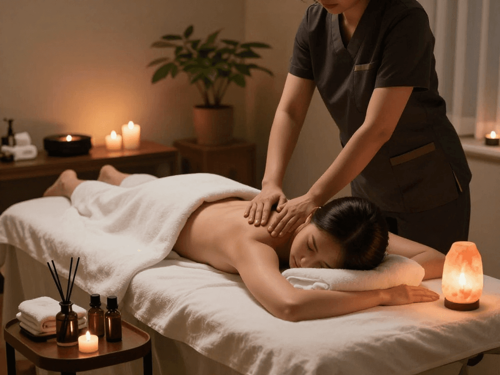 Experience a rejuvenating 남양주출장마사지 in a serene spa environment with candles and calming ambiance.