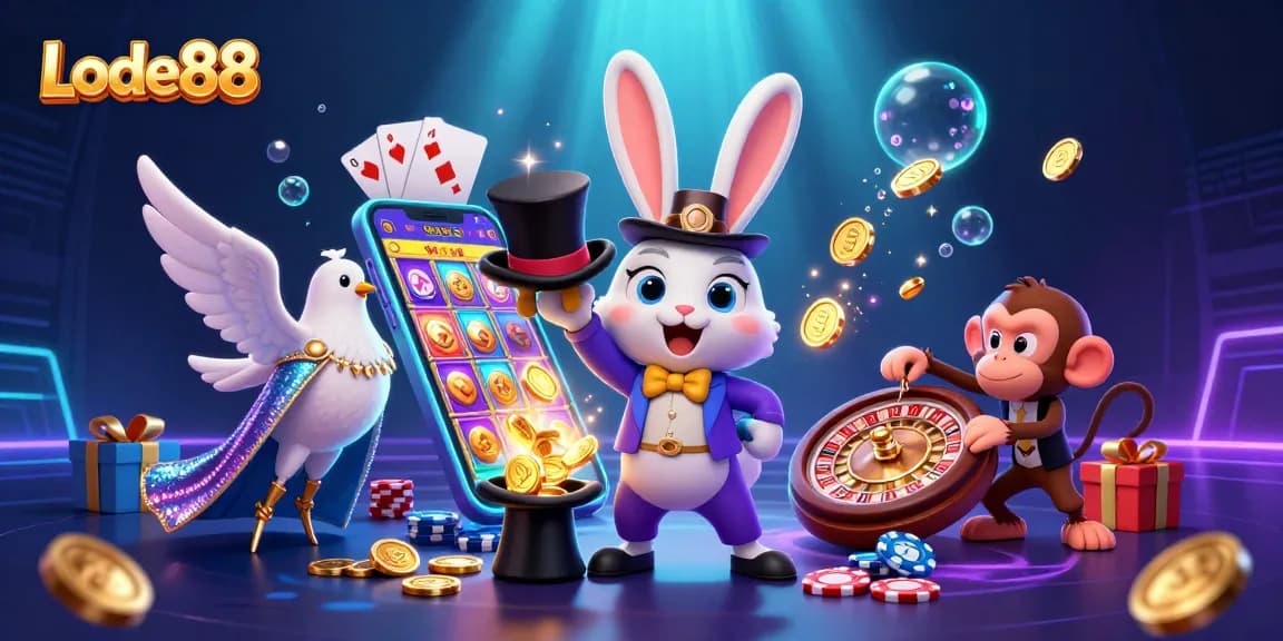 Lode88 players enjoy a thrilling scene with magical elements, vibrant slots, and poker action.