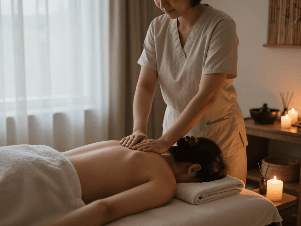 김포출장마사지 therapy room with calming ambiance featuring candles and soothing oils.