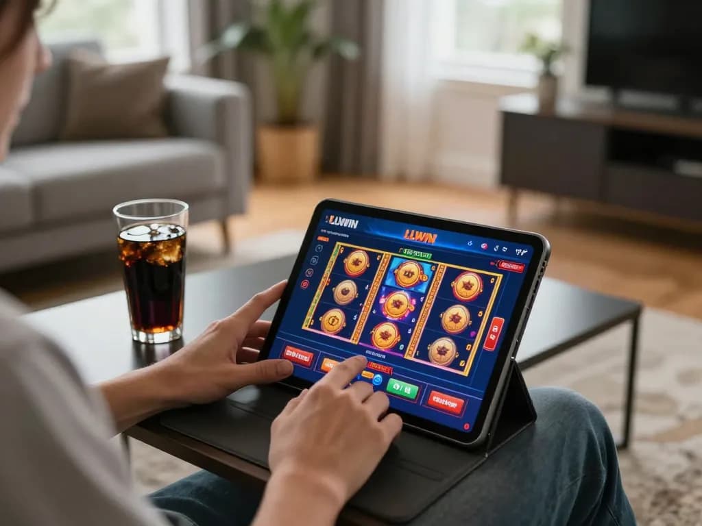 Player engaging with LLWIN's online casino app in a cozy home environment