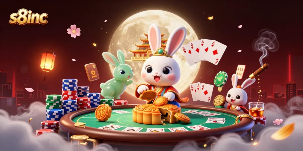 S8inc brings excitement with a moon rabbit pounding golden mooncakes revealing poker chips on lunar soil.
