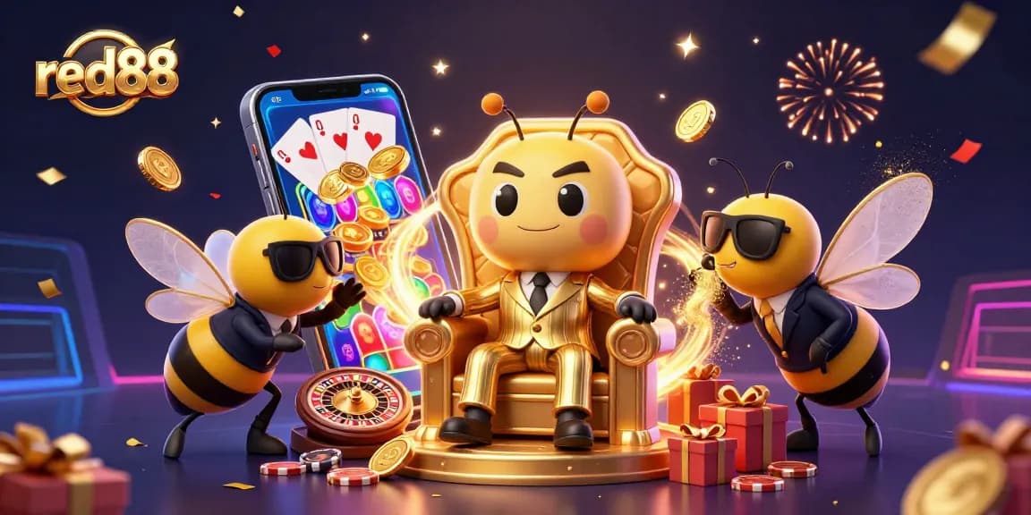 Experience thrilling action with red88 in this vibrant casino-themed bumblebee mob boss illustration.