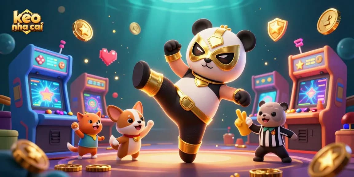 Experience the thrill of keo nha cai with a vibrant 3D illustration featuring a panda wrestler and casino themes.