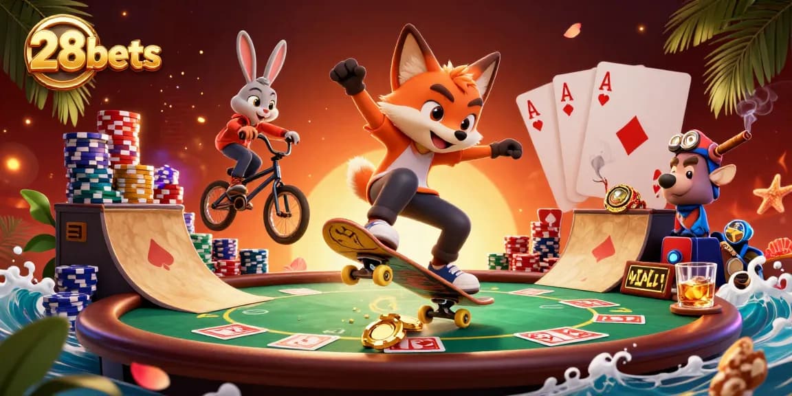 Experience thrilling gameplay with 28bets in a vibrant casino-themed scene featuring dynamic characters.