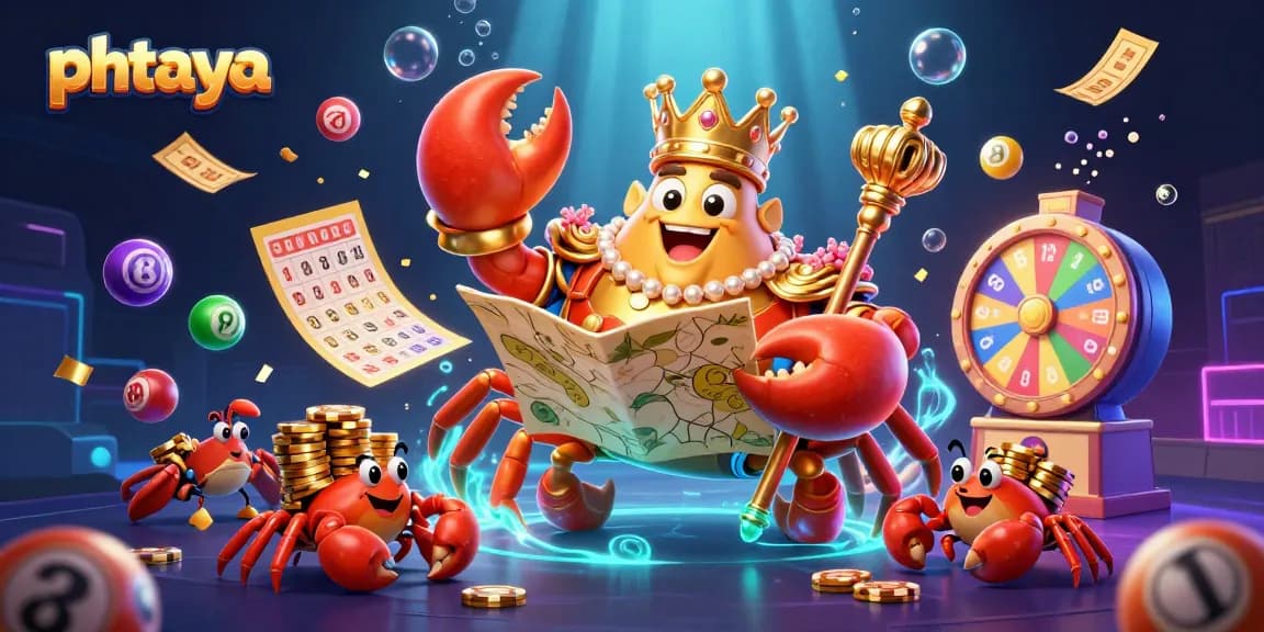 Phtaya's golden crab emperor leads the treasure hunt in a vibrant lottery-themed casino scene.