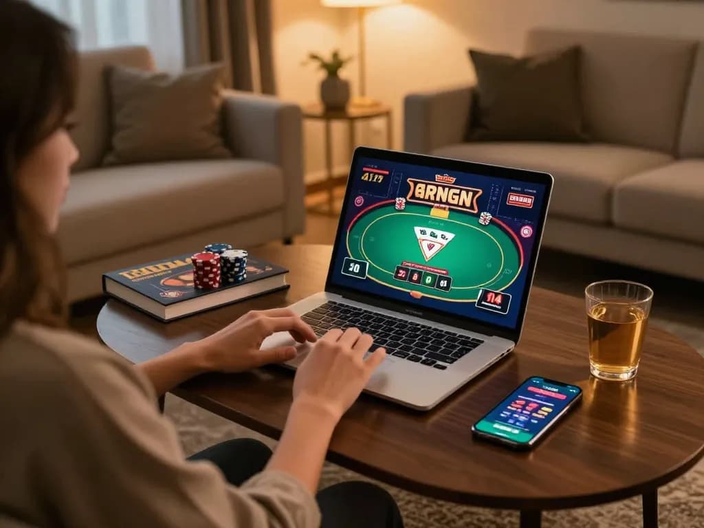 Engaging gameplay on fly88 with a player enjoying online poker at home, laptop aglow with cards and bets.