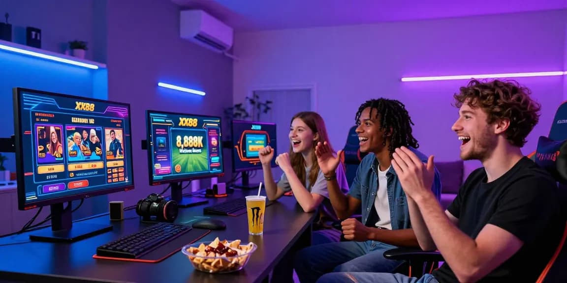 Friends enjoying a lively gaming session at home featuring XX88 logo and games, capturing excitement from https://xx88.se.net/.