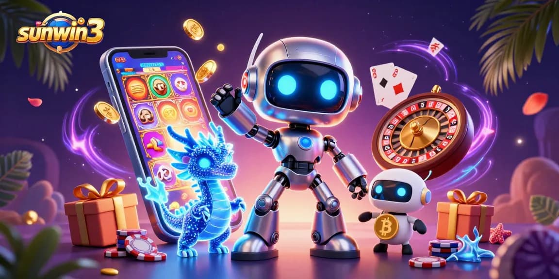 Experience thrilling gameplay at sunwin3 with an action-packed 3D casino illustration featuring iconic gaming elements.
