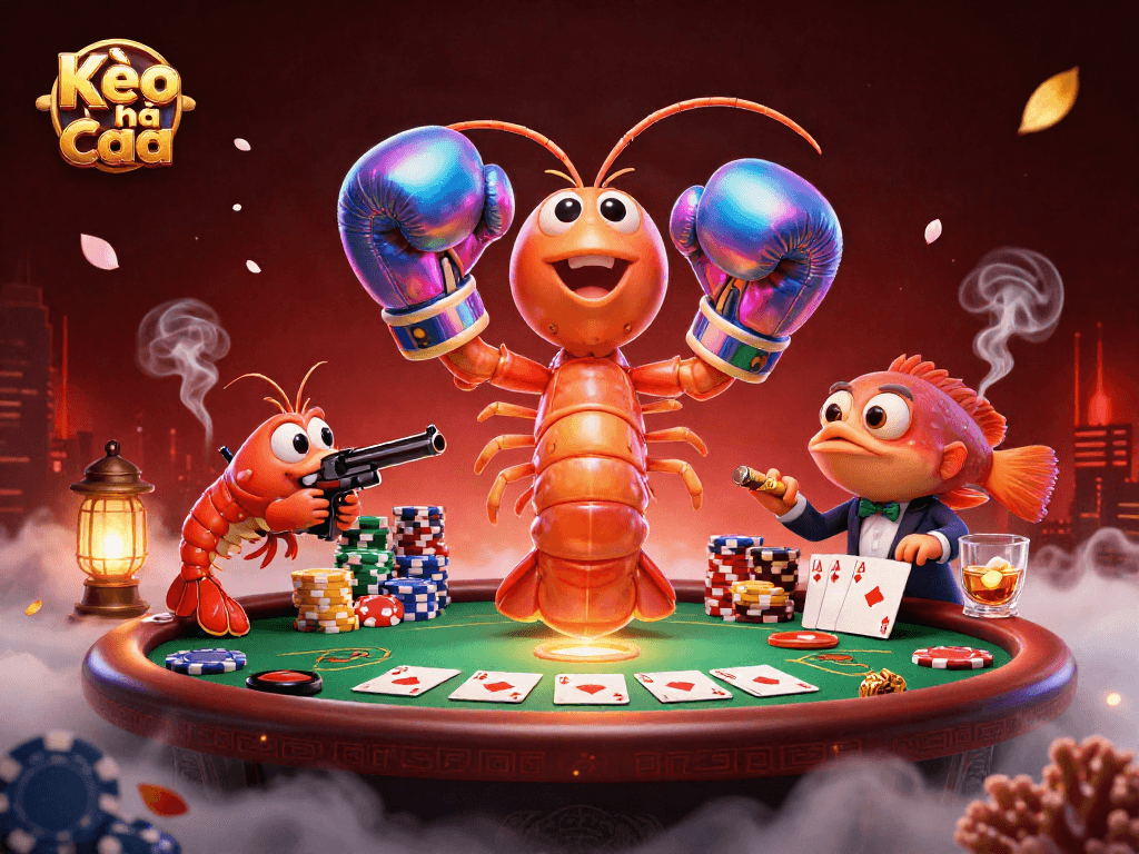 Engage in the thrilling Kèo nhà cái poker world with a dynamic 3D illustration featuring vibrant characters and casino elements.