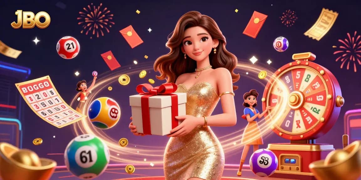 Unleash winning fun at JBO with festive casino-themed illustration featuring a beautiful woman and vibrant games.