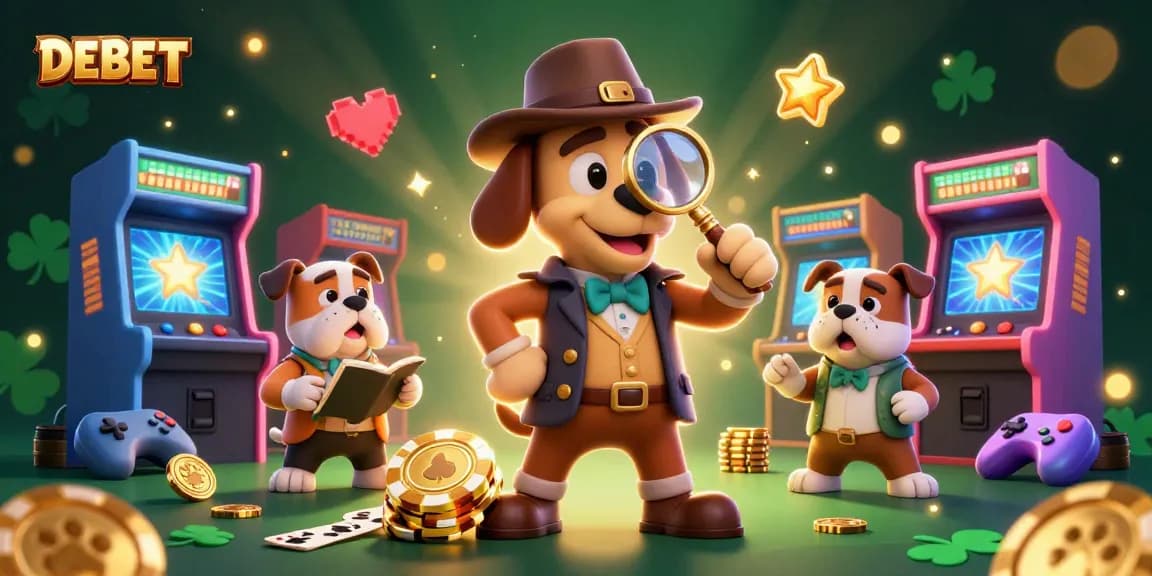 Engage with DEBET's thrilling casino world as a detective uncovers treasure clues amidst vibrant gaming elements.