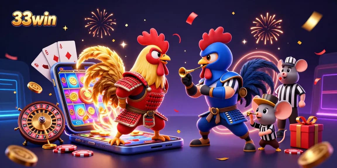 33win players enjoy thrilling 3D cartoon action featuring combat roosters amidst vibrant casino elements.